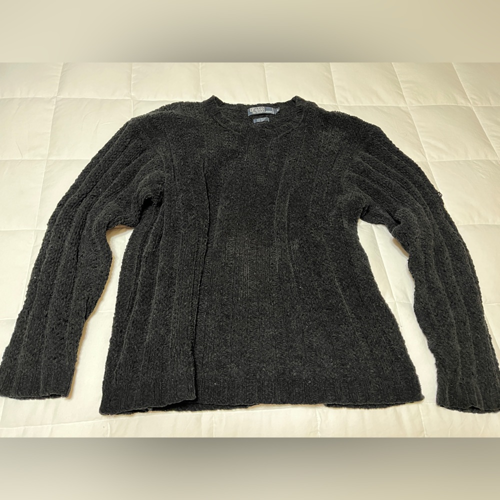 Men’s black chenille Polo sweater, size S